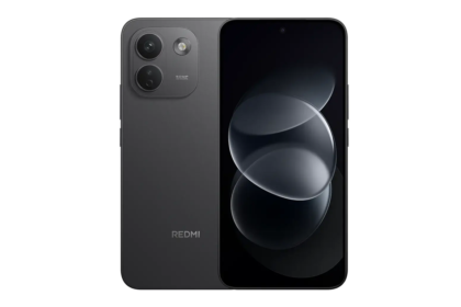 Black Redmi smartphone shown from front and back, featuring a triple-camera module on the top-left of the rear panel and a large edge-to-edge display on the front, 50MP label visible on the camera module.