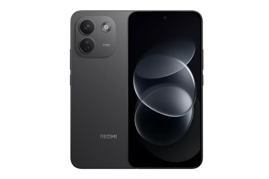 Black Redmi smartphone shown from front and back, featuring a triple-camera module on the top-left of the rear panel and a large edge-to-edge display on the front, 50MP label visible on the camera module.