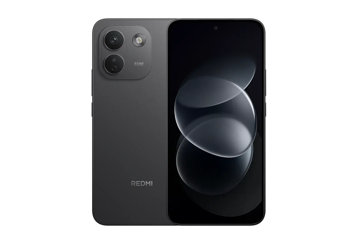Black Redmi smartphone shown from front and back, featuring a triple-camera module on the top-left of the rear panel and a large edge-to-edge display on the front, 50MP label visible on the camera module.