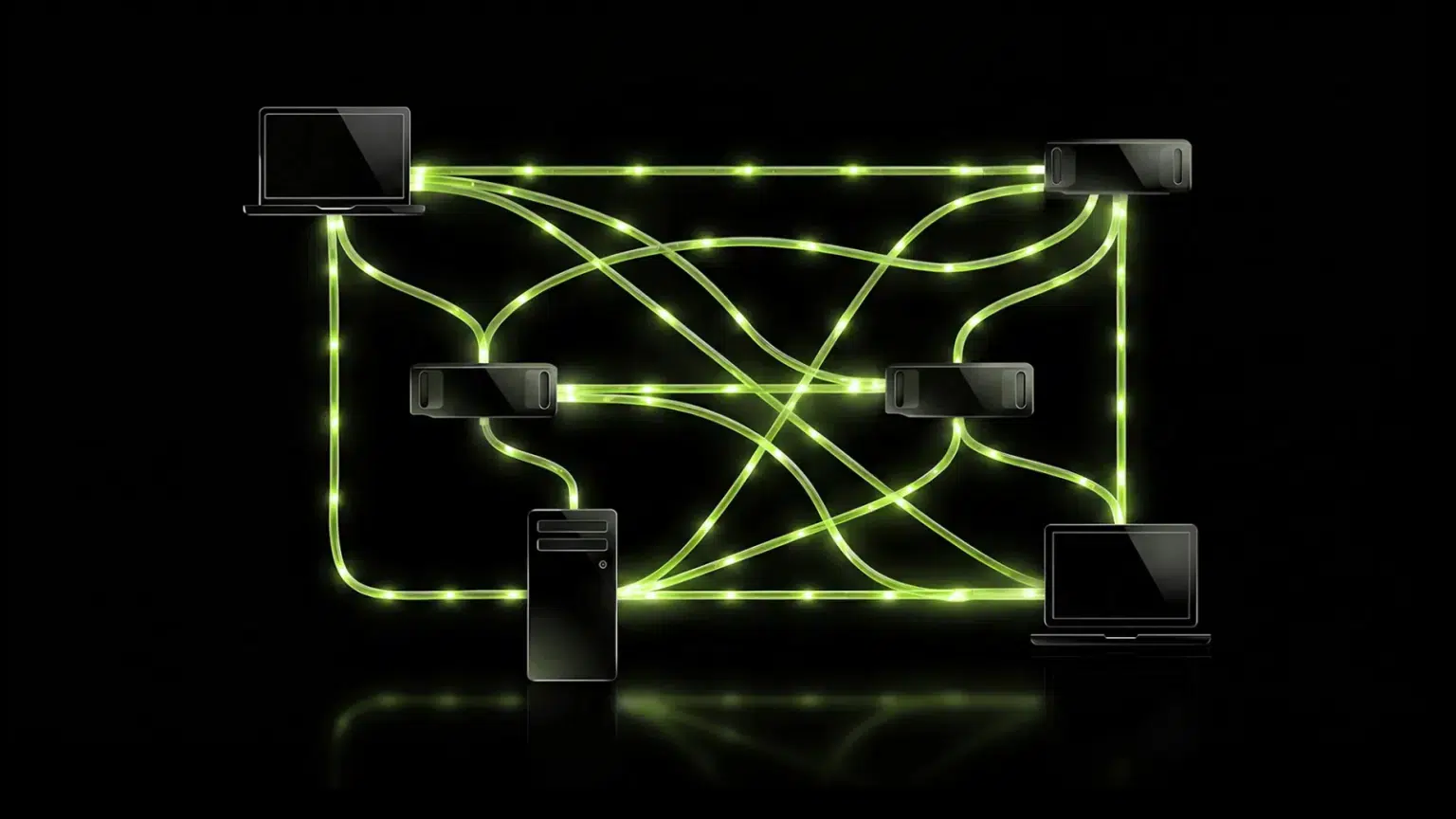 Stylized network diagram with a laptop, server, tablet, and desktop computer connected by glowing green cables on a black background.