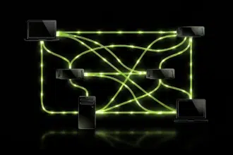 Stylized network diagram with a laptop, server, tablet, and desktop computer connected by glowing green cables on a black background.