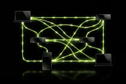 Stylized network diagram with a laptop, server, tablet, and desktop computer connected by glowing green cables on a black background.