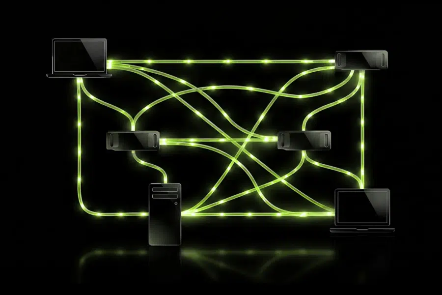 Stylized network diagram with a laptop, server, tablet, and desktop computer connected by glowing green cables on a black background.