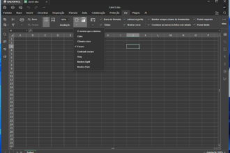 Dark-themed Excel window with a theme-selection menu open, listing options like Claro, Escuro, and Contraste escuro in Portuguese.