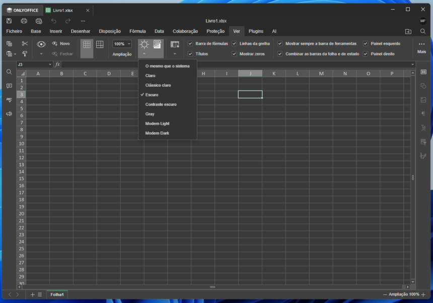 Dark-themed Excel window with a theme-selection menu open, listing options like Claro, Escuro, and Contraste escuro in Portuguese.