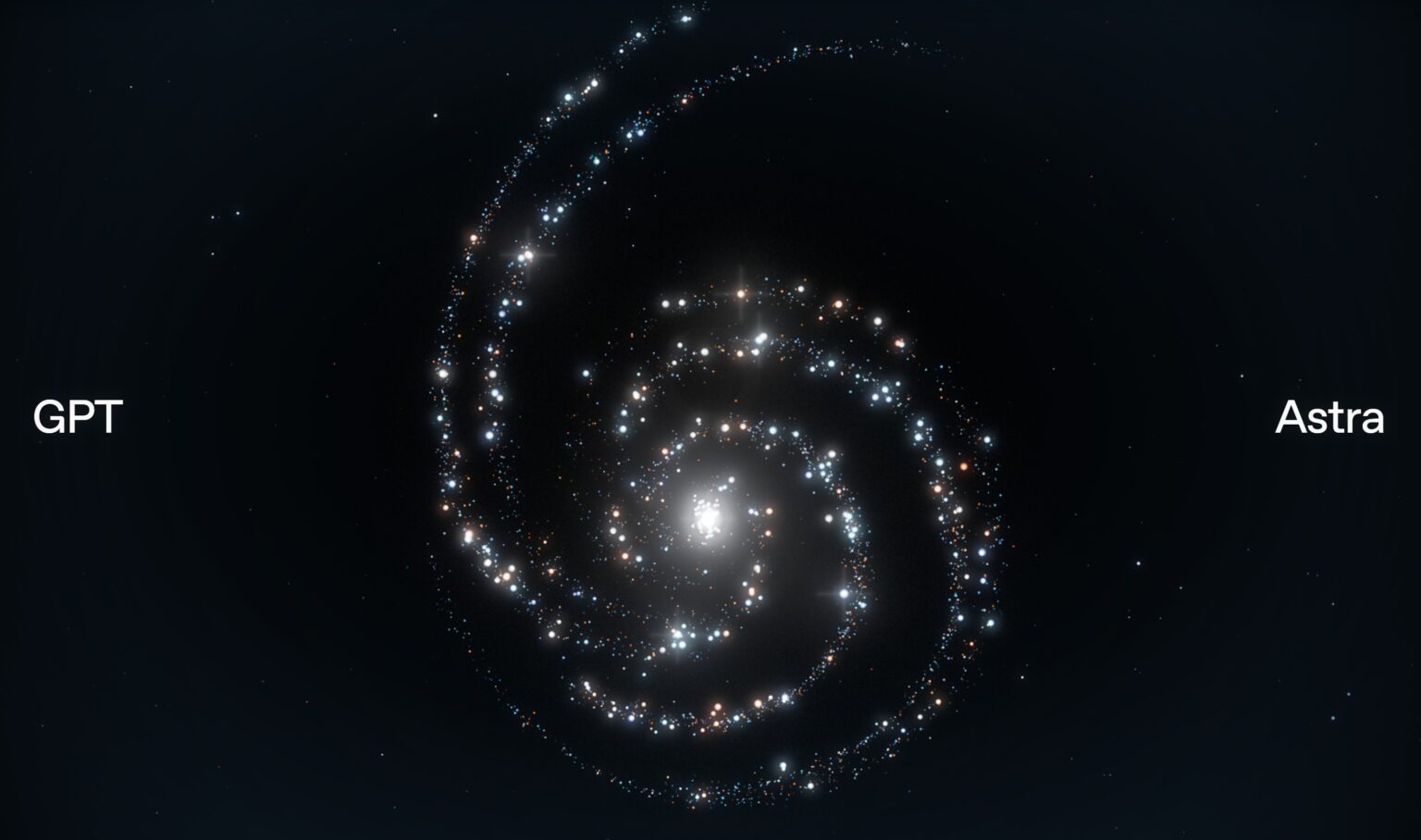 Dark space with a glowing spiral of star clusters in the center, and the labels 'GPT' (left) and 'Astra' (right) displayed.