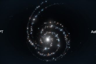 Dark space with a glowing spiral of star clusters in the center, and the labels 'GPT' (left) and 'Astra' (right) displayed.