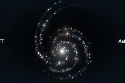 Dark space with a glowing spiral of star clusters in the center, and the labels 'GPT' (left) and 'Astra' (right) displayed.