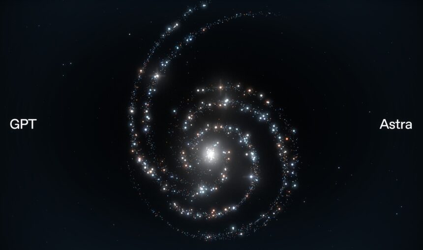 Dark space with a glowing spiral of star clusters in the center, and the labels 'GPT' (left) and 'Astra' (right) displayed.