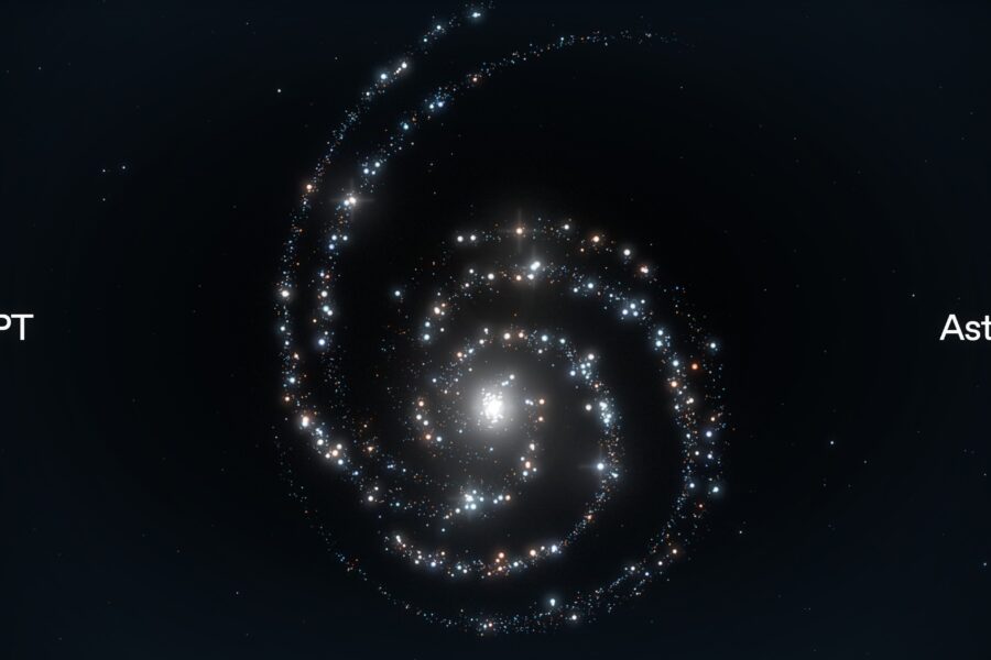 Dark space with a glowing spiral of star clusters in the center, and the labels 'GPT' (left) and 'Astra' (right) displayed.