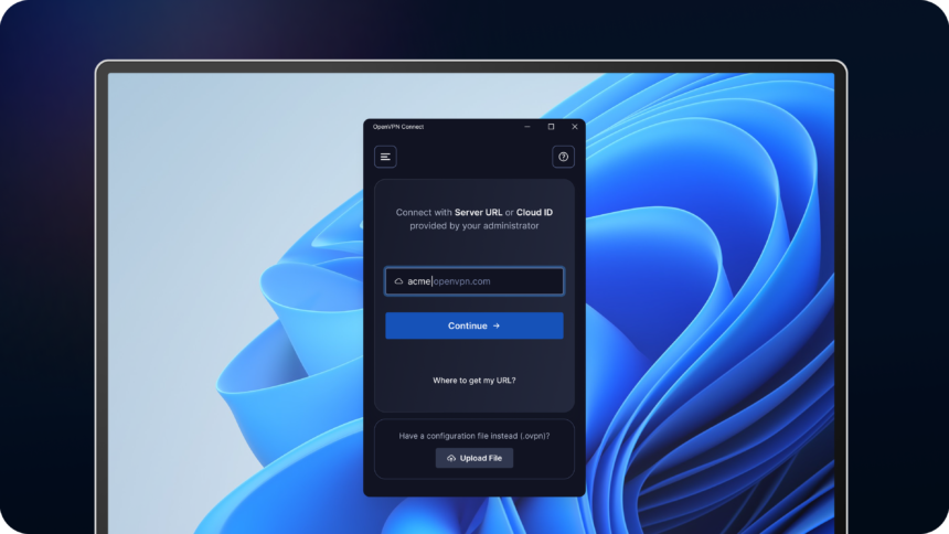 OpenVPN Connect dialog centered on a laptop screen, showing a URL field and a blue Continue button over a dark app window.