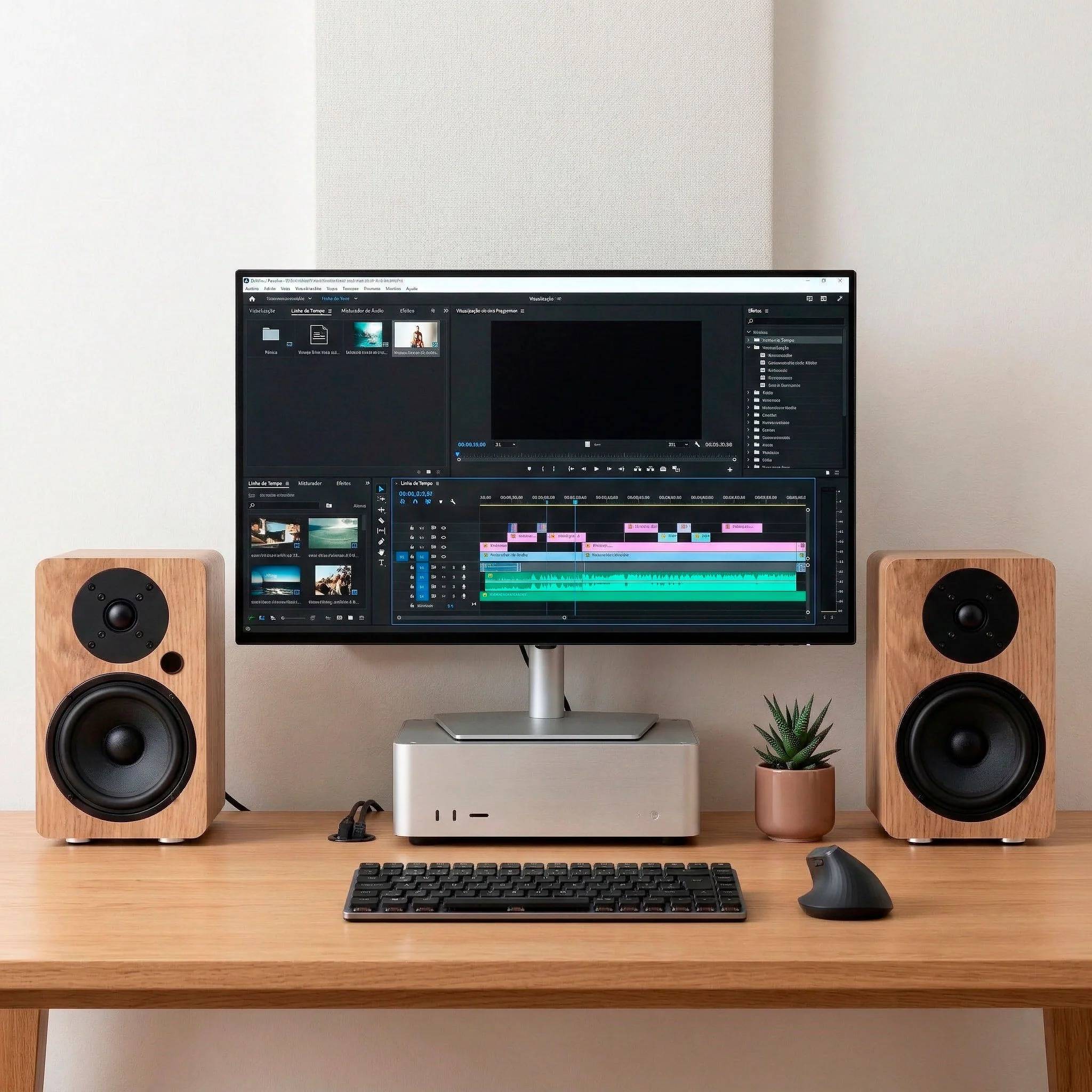 Desk setup with a large monitor, two wooden speakers, a black keyboard, and a wireless mouse on a wooden desk; small plant in a pot nearby.
