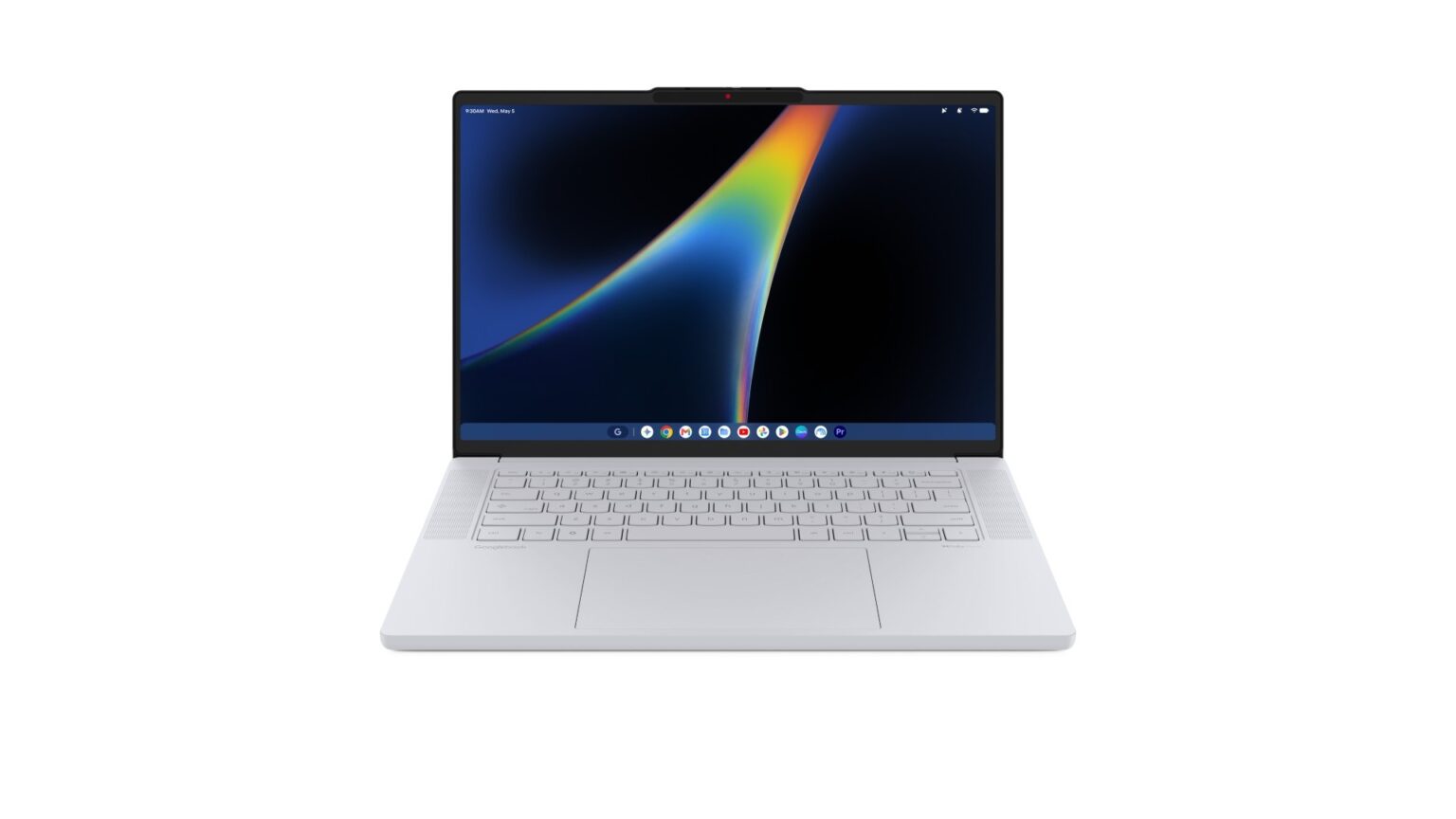 Front view of a white Chromebook with a colorful display on a white background