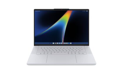 Front view of a white Chromebook with a colorful display on a white background