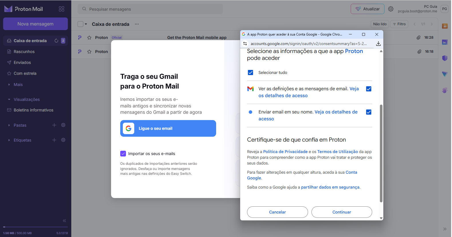 Proton Mail onboarding screen prompting to import Gmail, with a blue 'Ligue o seu email' button and a Google consent dialog overlayed on the right.