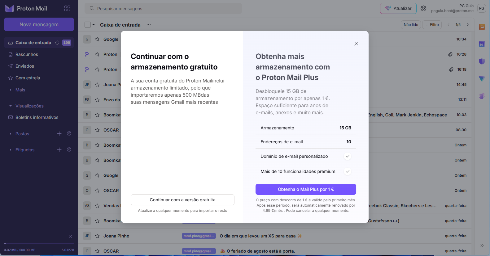 Modal dialog offering free storage plan with brief description on left and Proton Mail Plus upgrade on right, including a purple CTA button