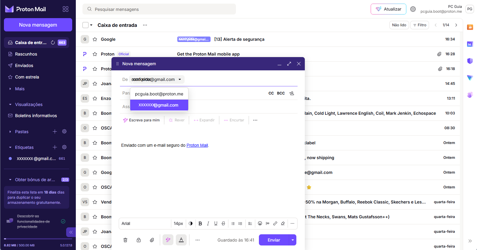 Proton Mail inbox view with left navigation and a centered'Nova mensagem' compose window showing To/CC/BCC fields and a message body area.