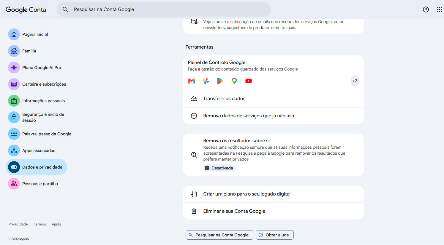 Tela de Configurações da Conta Google em PT-BR, com menu lateral de ícones e seções de Privacidade e Dados no painel central