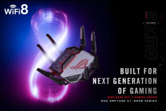Quad-band WiFi 8 gaming router in a futuristic purplish glow with glowing rings, angled to the left, and bold marketing text on the right side of the image.
