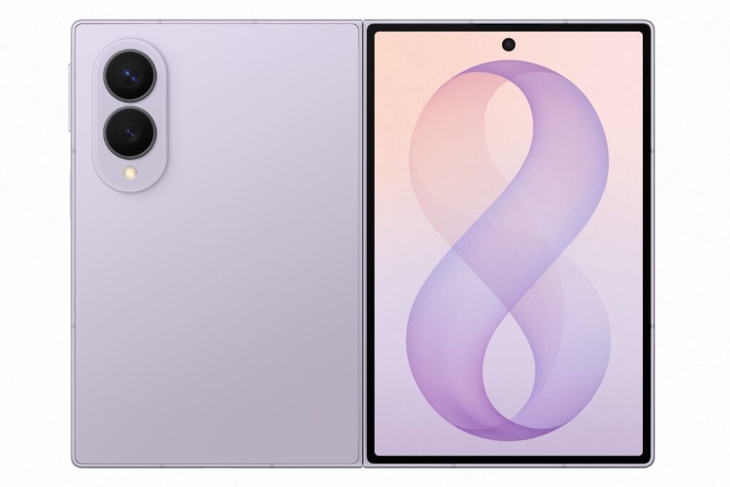Purple foldable tablet, rear dual-camera module visible; front inner display shows a lavender abstract wallpaper.