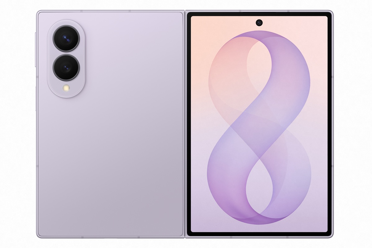 Purple foldable tablet, rear dual-camera module visible; front inner display shows a lavender abstract wallpaper.
