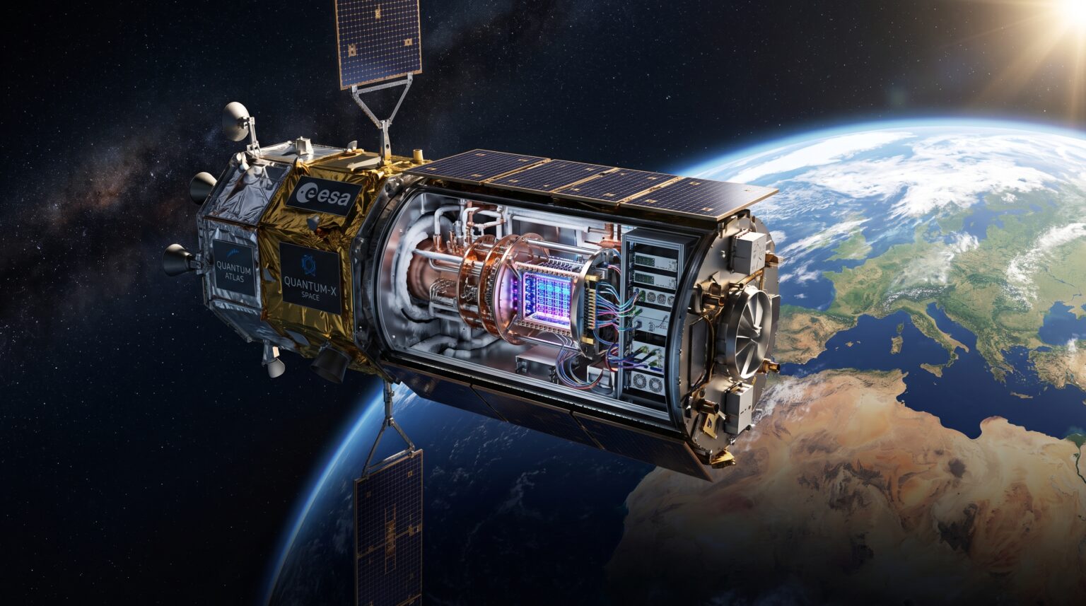 A detailed satellite in space with Earth below, bearing the ESA logo and quantum experiment panels under sunlight.