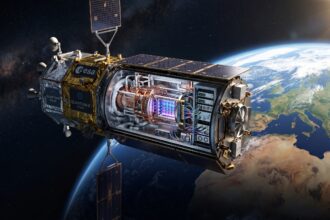 A detailed satellite in space with Earth below, bearing the ESA logo and quantum experiment panels under sunlight.
