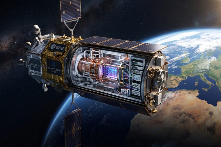 A detailed satellite in space with Earth below, bearing the ESA logo and quantum experiment panels under sunlight.