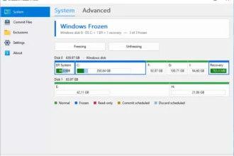 ShadowFreeze window showing system tab with disk partition map and Windows Frozen status (EFI System, C:, F:, G:, I:, Recovery).