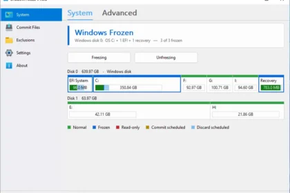 ShadowFreeze window showing system tab with disk partition map and Windows Frozen status (EFI System, C:, F:, G:, I:, Recovery).