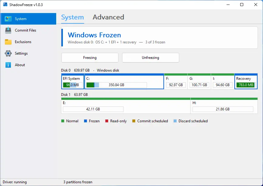 ShadowFreeze window showing system tab with disk partition map and Windows Frozen status (EFI System, C:, F:, G:, I:, Recovery).