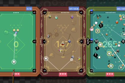 Three vertical pool-table game screens side by side showing different tables with moving balls and score markers, as if in a tournament UI.