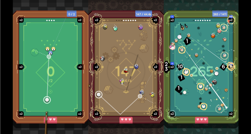 Three vertical pool-table game screens side by side showing different tables with moving balls and score markers, as if in a tournament UI.