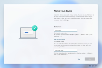 UI panel titled 'Name your device' with a laptop illustration and a green checkmark badge on a soft blue gradient background, indicating setup or completion.