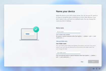 UI panel titled 'Name your device' with a laptop illustration and a green checkmark badge on a soft blue gradient background, indicating setup or completion.