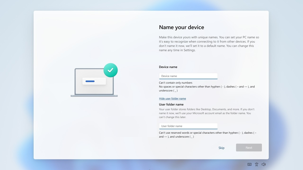 UI panel titled 'Name your device' with a laptop illustration and a green checkmark badge on a soft blue gradient background, indicating setup or completion.