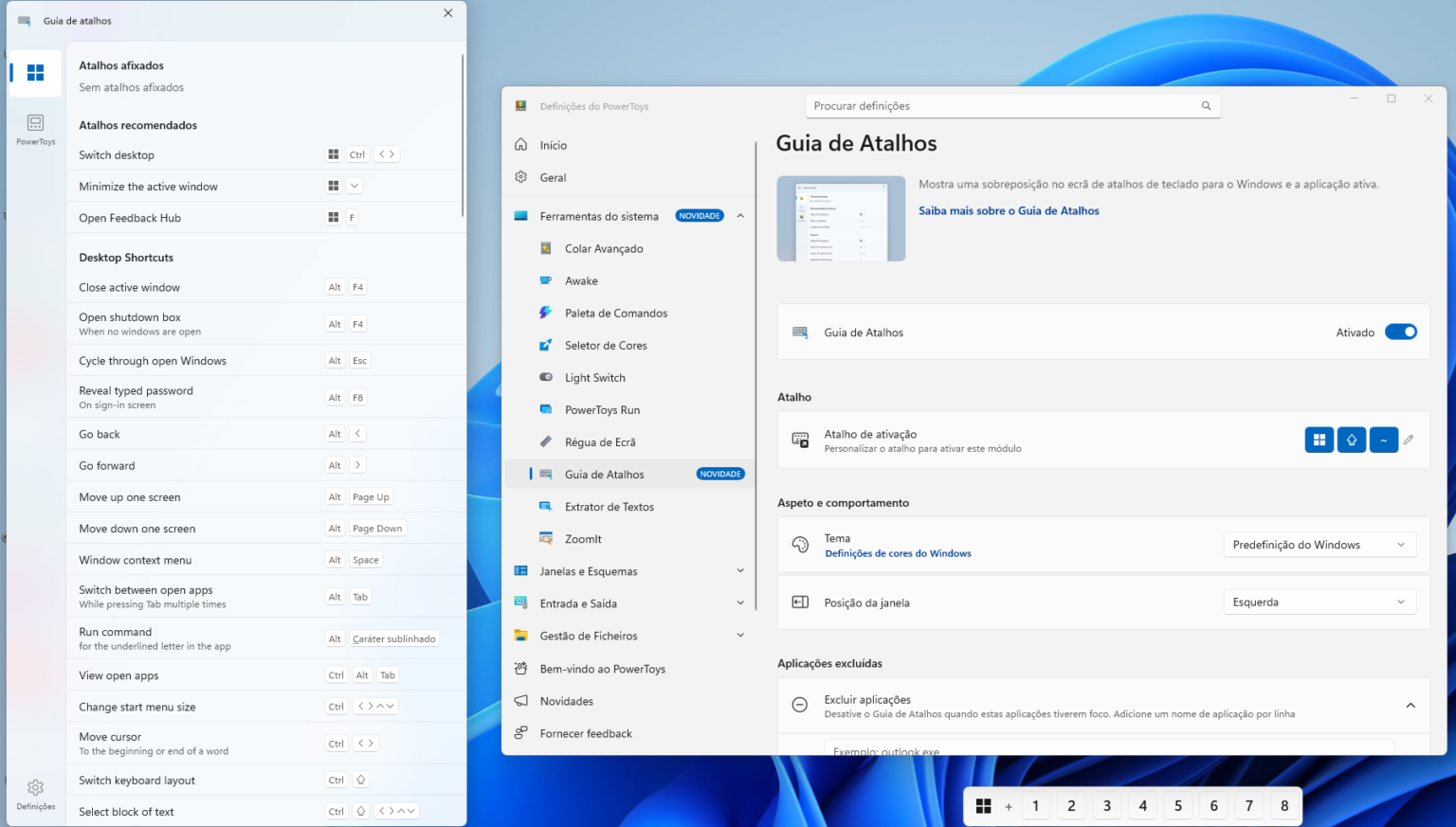 Screenshot of Windows PowerToys with Shortcuts Guide on the left and Settings on the right, showing 'Guia de Atalhos' (Portuguese).
