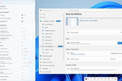Screenshot of Windows PowerToys with Shortcuts Guide on the left and Settings on the right, showing 'Guia de Atalhos' (Portuguese).