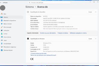 Página de 'Sobre' do sistema Windows 11, mostra informações do dispositivo e do Windows (edição, versão, compilação)