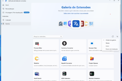 Tela de Galeria de Extensões com barra de pesquisa e cartões de extensões na grade principal (Interface de extensões).