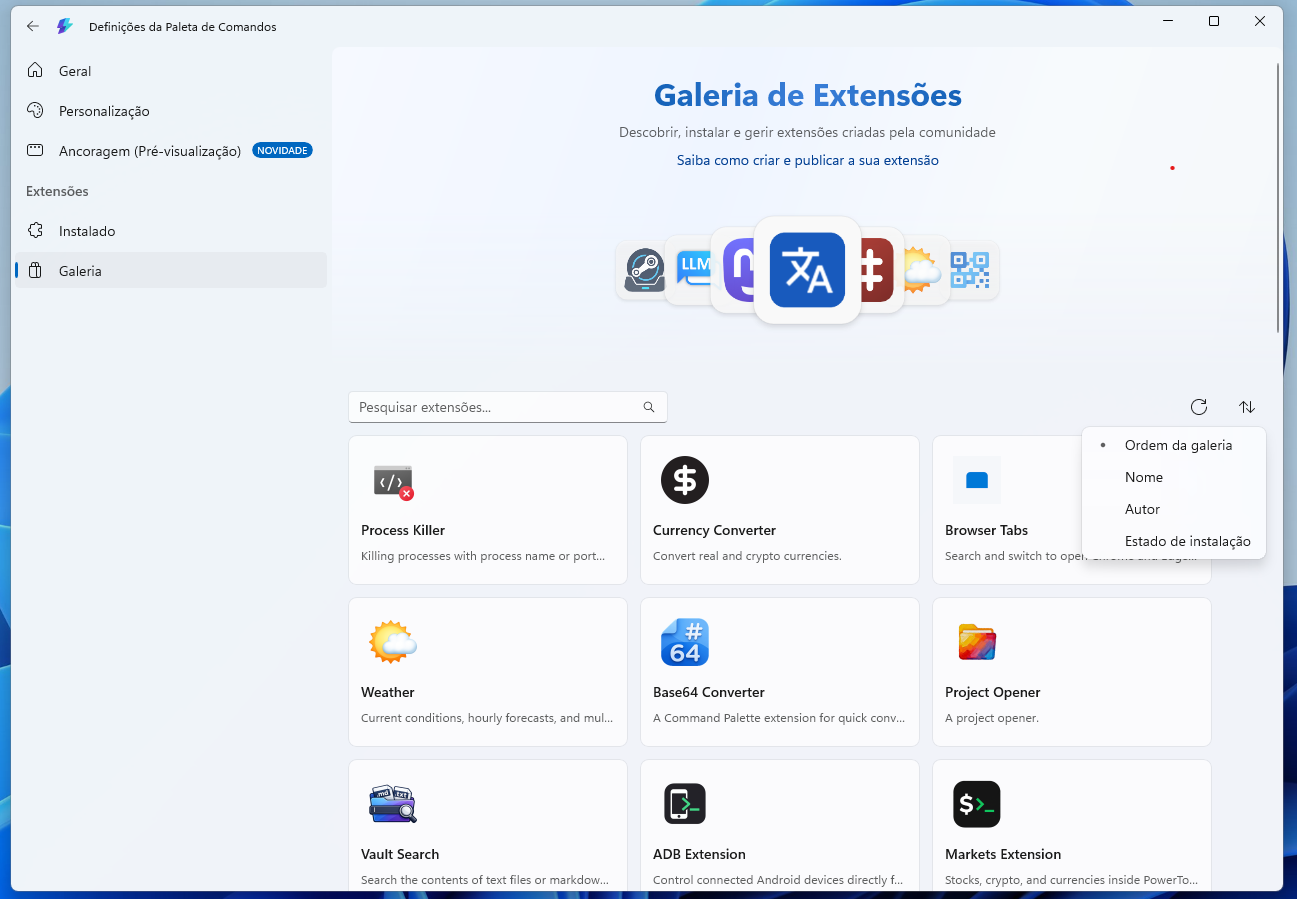 Tela de Galeria de Extensões com barra de pesquisa e cartões de extensões na grade principal (Interface de extensões).