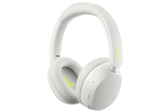 White over-ear headphones with neon yellow accents, shown from the side.