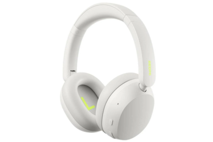 White over-ear headphones with neon yellow accents, shown from the side.
