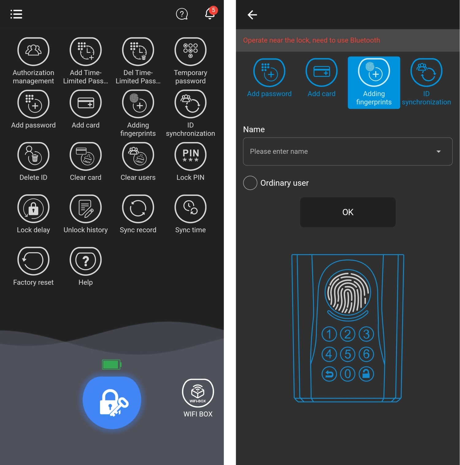 Mobile app UI: left panel shows a grid of circular feature icons (Add password, Add card, Adding fingerprints, Delete ID, Lock PIN, Factory reset, Help, etc.) with a blue lock action button toward the bottom. Right panel shows a Bluetooth pairing screen with a row of action icons (Add password, Add card, Adding fingerprints selected, ID synchronization), a form labeled Name with a text field, an Ordinary user option, and a large OK button, plus a fingerprint device illustration below.