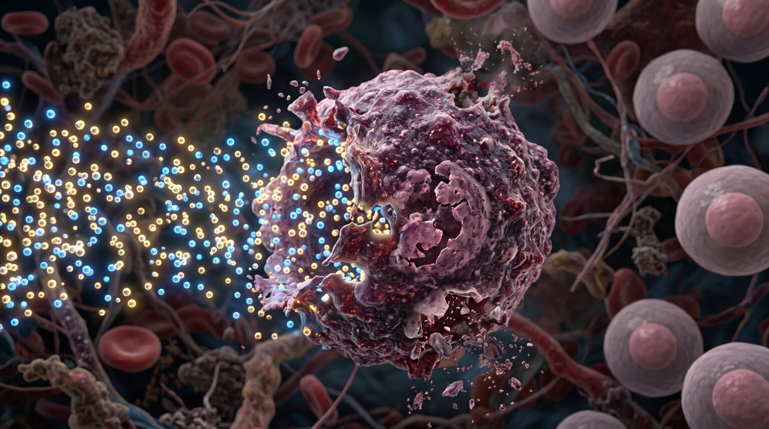 Close-up of a damaged pink cell amid surrounding blood cells and glowing blue and yellow particles.
