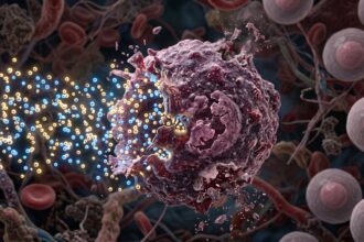 Close-up of a damaged pink cell amid surrounding blood cells and glowing blue and yellow particles.
