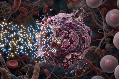 Close-up of a damaged pink cell amid surrounding blood cells and glowing blue and yellow particles.