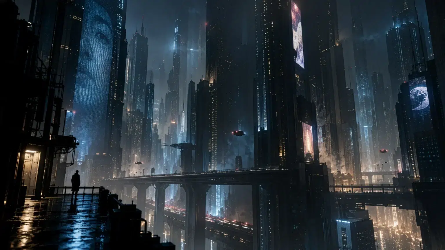 Silhouette of a person on a wet dock gazing over a neon-lit, futuristic city with towering skyscrapers and elevated highways at night.