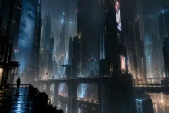 Silhouette of a person on a wet dock gazing over a neon-lit, futuristic city with towering skyscrapers and elevated highways at night.