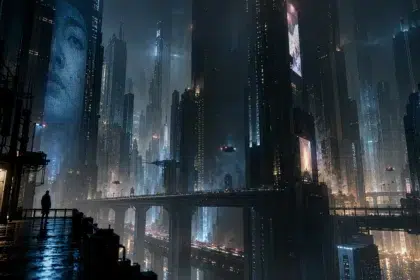 Silhouette of a person on a wet dock gazing over a neon-lit, futuristic city with towering skyscrapers and elevated highways at night.